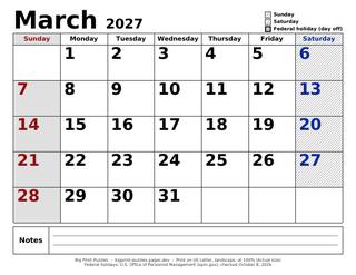 March 2027 large print calendar