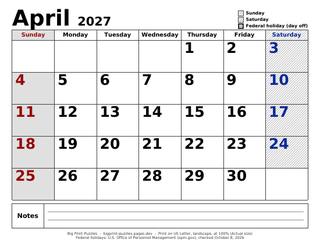 April 2027 large print calendar