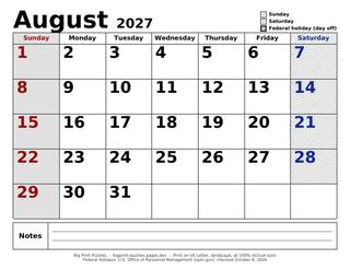 August 2027 large print calendar