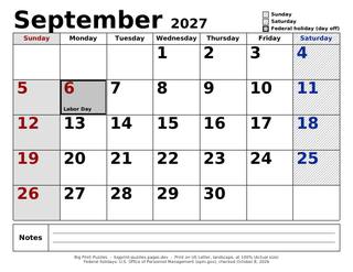 September 2027 large print calendar
