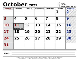 October 2027 large print calendar