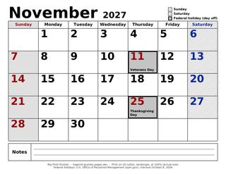 November 2027 large print calendar