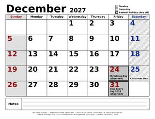 December 2027 large print calendar