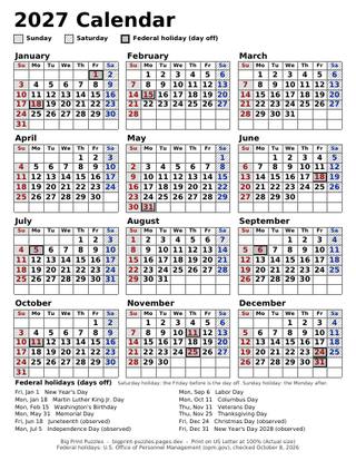 2027 large print calendar, whole year on one page