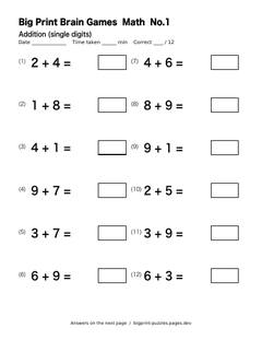 Large print math worksheet