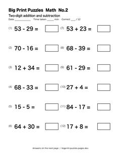 Two-digit addition and subtraction worksheet 2