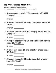 Money problems worksheet 1