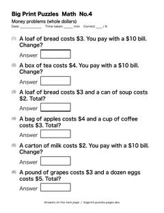 Money problems worksheet 4