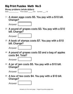Money problems worksheet 5