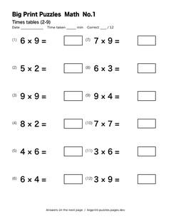 Times tables (2-9) worksheet 1