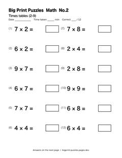 Times tables (2-9) worksheet 2