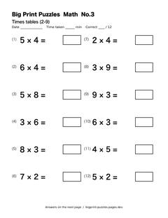 Times tables (2-9) worksheet 3