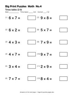 Times tables (2-9) worksheet 4