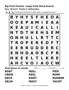 Easy large print word search puzzle 1: Sailing Day