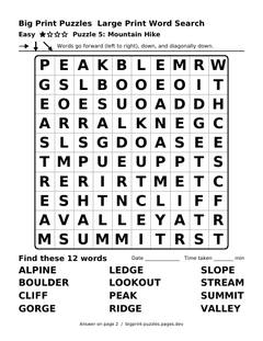 Easy large print word search puzzle 5: Mountain Hike