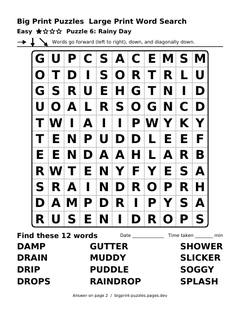 Easy large print word search puzzle 6: Rainy Day