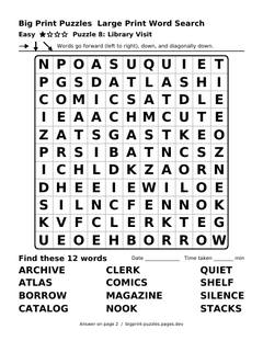 Easy large print word search puzzle 8: Library Visit