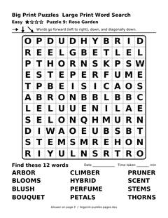 Easy large print word search puzzle 9: Rose Garden