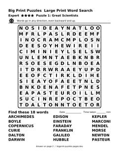 Expert large print word search puzzle 1: Great Scientists