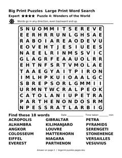 Expert large print word search puzzle 4: Wonders of the World