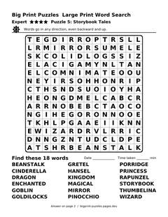 Expert large print word search puzzle 5: Storybook Tales