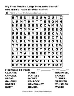 Hard large print word search puzzle 1: Famous Painters
