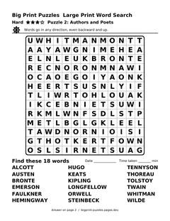 Hard large print word search puzzle 2: Authors and Poets