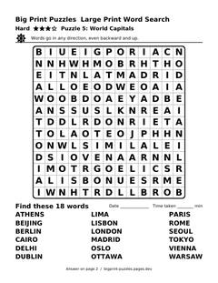 Hard large print word search puzzle 5: World Capitals