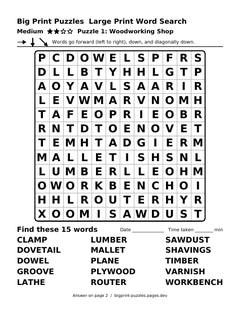 Medium large print word search puzzle 1: Woodworking Shop