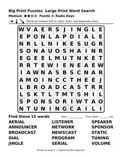 Medium large print word search puzzle 3: Radio Days