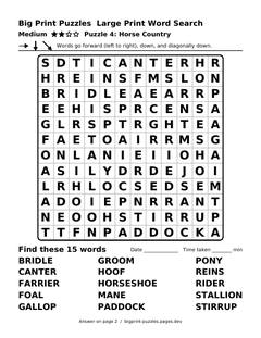 Medium large print word search puzzle 4: Horse Country