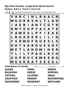 Medium large print word search puzzle 5: Pond Life