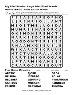 Medium large print word search puzzle 8: Arctic Animals