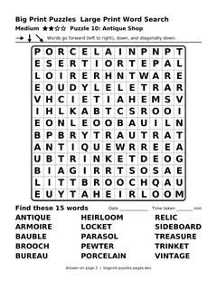 Medium large print word search puzzle 10: Antique Shop